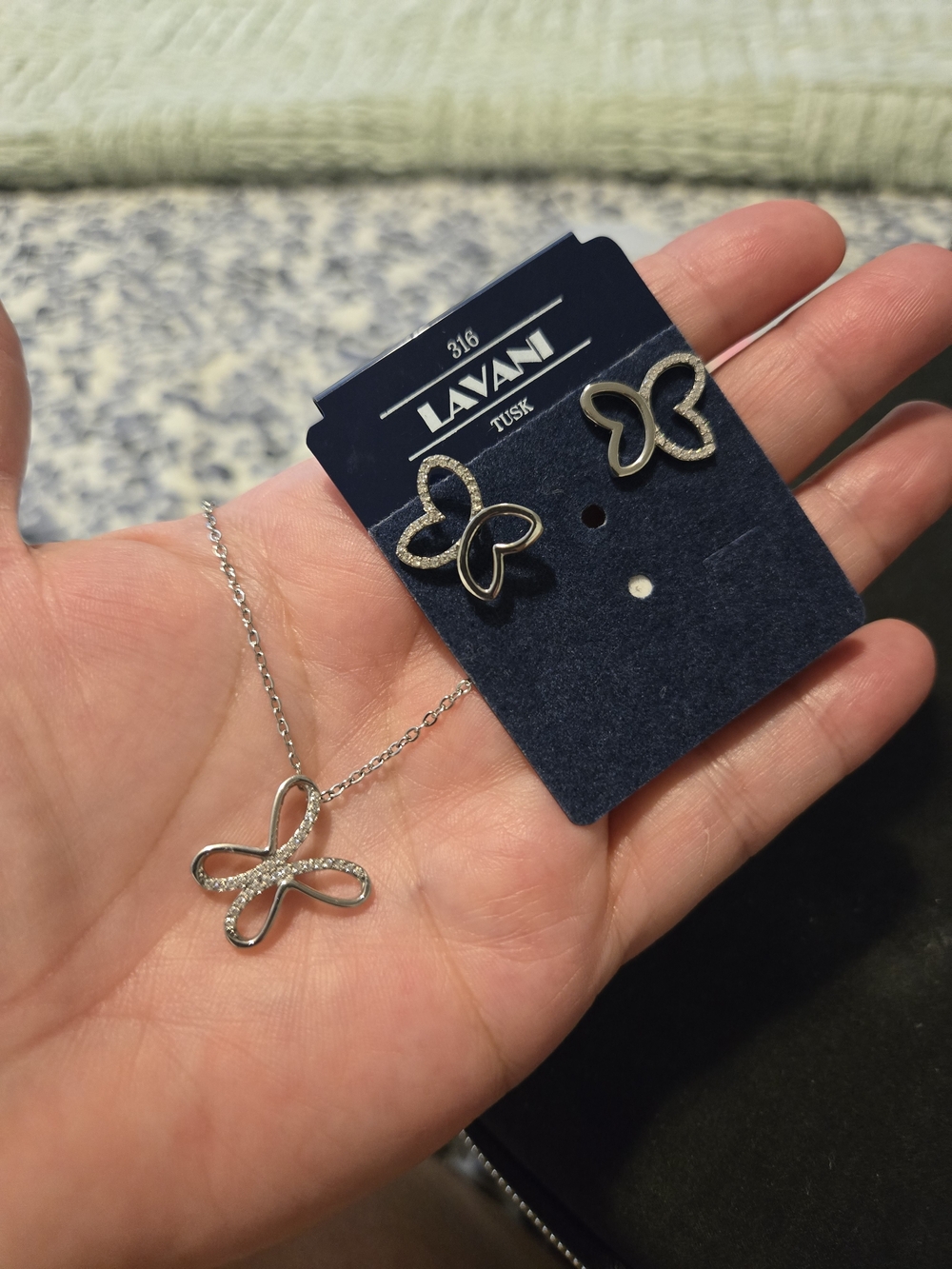 Silver Tone Butterfly Necklace & Stud Earrings Set